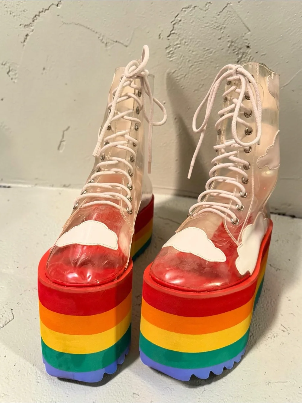 Dolls Kill Clear Pink Lace-Up Platform Boots with Rainbow Sole